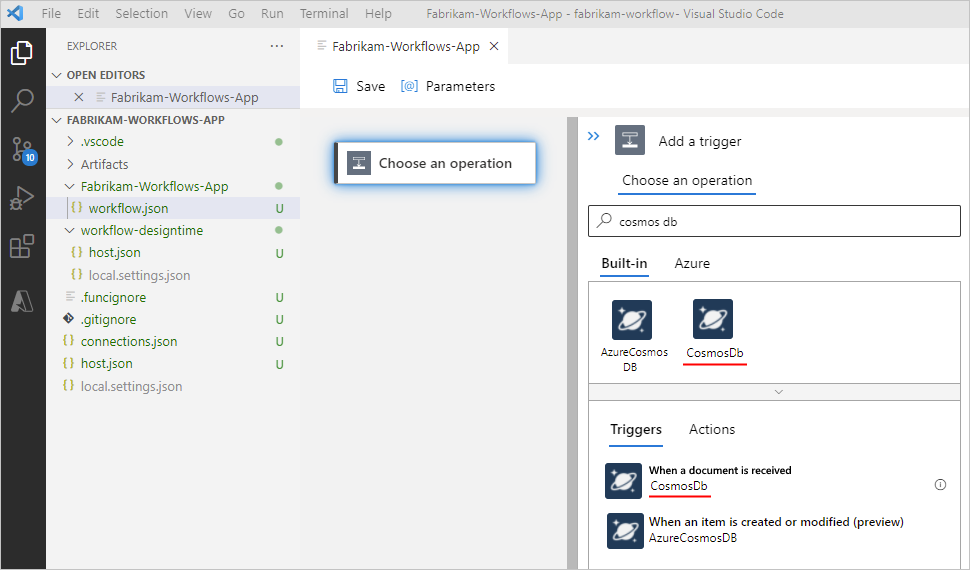 Screenshot showing Visual Studio Code and the designer for a Standard logic app workflow with the new custom built-in Azure Cosmos DB connector.