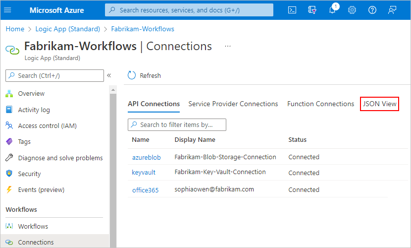 Screenshot showing the Azure portal, Standard logic app resource, "Connections" pane with "JSON View" selected.