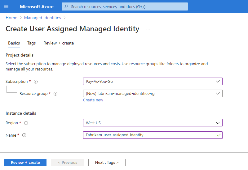 Screenshot showing "Create User Assigned Managed Identity" pane with managed identity details.