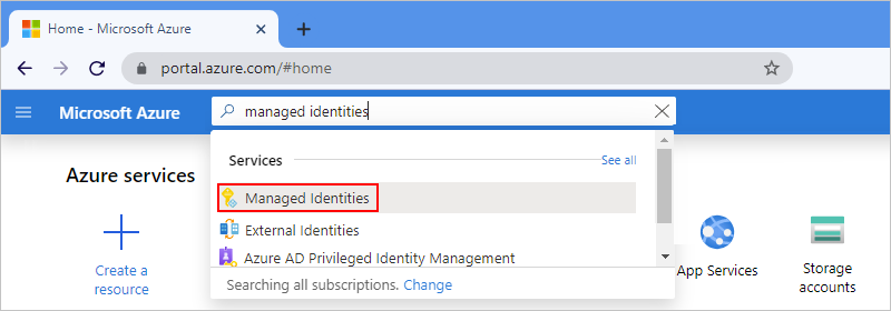 Screenshot showing Azure portal with "Managed Identities" selected.