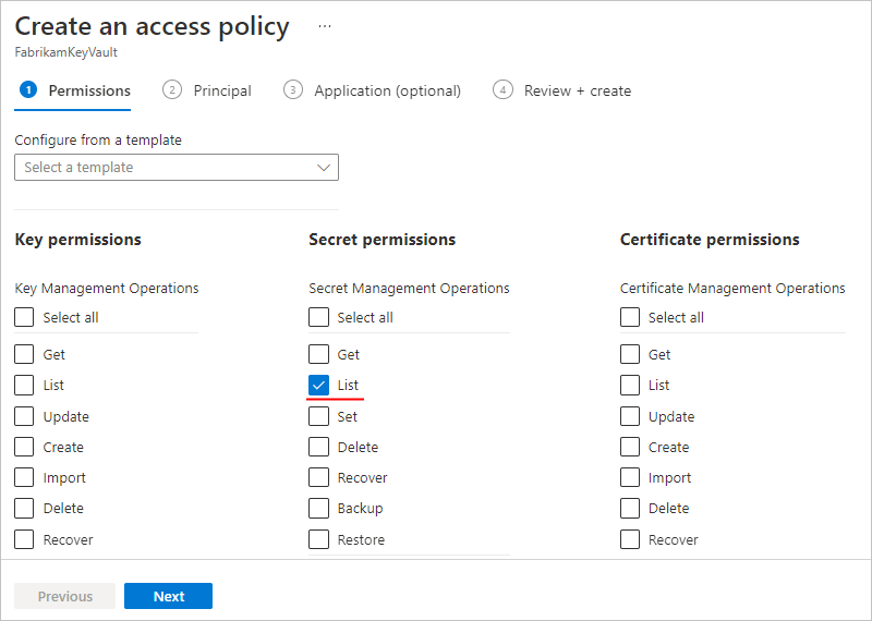 Screenshot showing "Permissions" tab with "List" permissions selected.