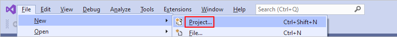 Screenshot showing "File" menu open with "New" menu and "Project" selected.