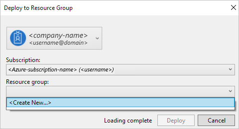Screenshot showing "Deploy to Resource Group" window with "Create New" selected.