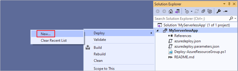 Screenshot showing Solution Explorer with project shortcut menu opened, "Deploy" menu opened, and "New" selected.