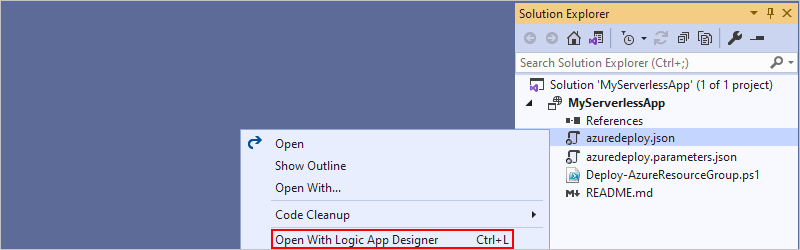 Screenshot showing the "azuredeploy.json" shortcut menu with "Open With Logic App Designer" selected.