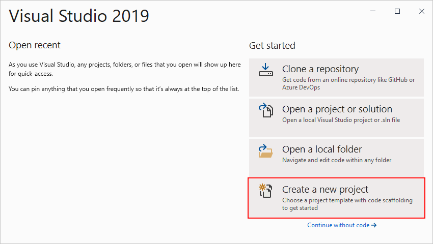 Screenshot showing Visual Studio start window with "Create a new project" selected.