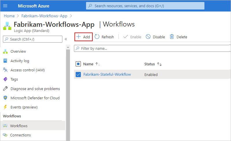 Screenshot that shows the selected logic app's "Workflows" pane and toolbar with "Add" command selected.