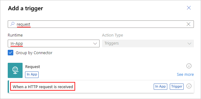 Screenshot that shows the workflow designer and Add a trigger pane with "When an HTTP request is received" trigger selected.