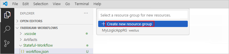 Screenshot that shows Explorer pane with resource groups list and "Create new resource group" selected.