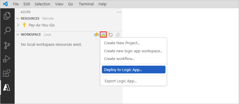 Screenshot that shows the "Azure: Logic Apps (Standard)" pane and pane's toolbar with "Deploy to Logic App" selected.