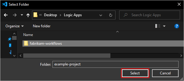 Screenshot that shows "Select Folder" dialog box with a newly created project folder and the "Select" button selected.