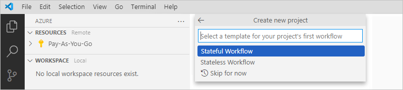 Screenshot that shows the workflow templates list with "Stateful Workflow" selected.