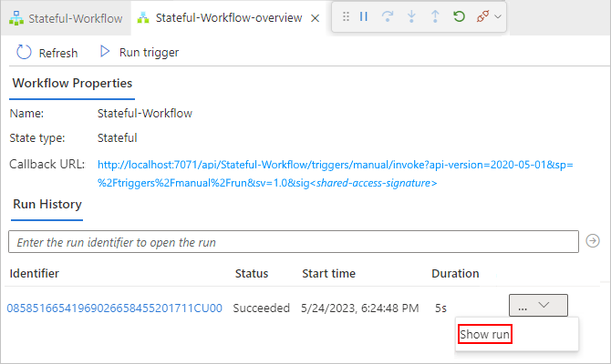 Screenshot that shows your workflow's run history row with ellipses button and "Show Run" selected
