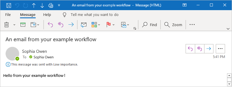 Screenshot that shows Outlook email as described in the example