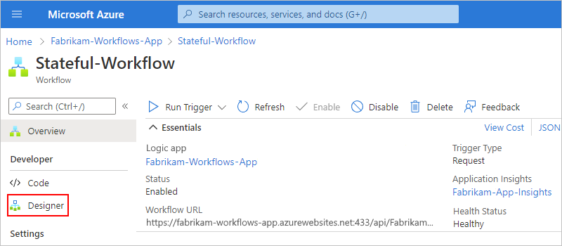 Screenshot that shows the selected workflow's "Overview" pane, while the workflow menu shows the selected "Designer" command.