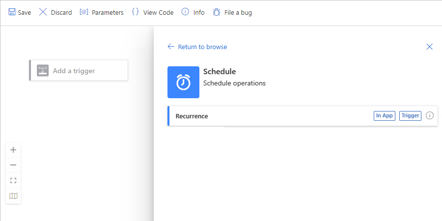 Screenshot showing Azure portal, designer for Standard logic app with blank stateful workflow, and 'Schedule' operations collection with the Recurrence trigger.