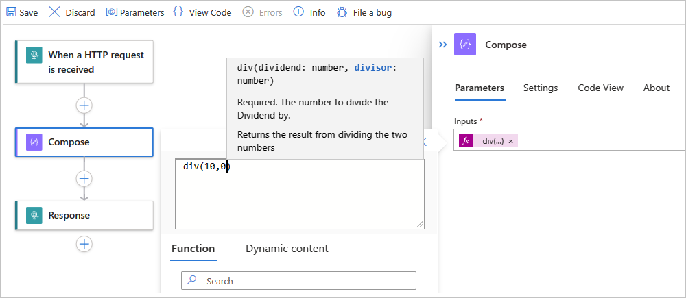 Screenshot shows Azure portal, Standard workflow designer, Request trigger, Compose action with an exception-generating expression, and Response action.