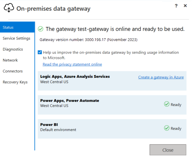 Screenshot shows gateway installer with Close button and green check marks for Power Apps, Power Automate, and Power BI.