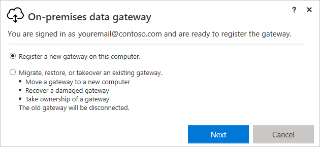 Screenshot shows gateway installer with a message about registering the gateway and the selected option for Register a new gateway on this computer.