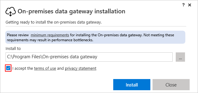 Screenshot shows gateway installer with a minimum requirements link, an installation path, and a checkbox that's highlighted for accepting terms.