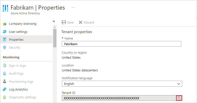 Screenshot showing your Azure AD "Properties" pane with tenant ID's copy button selected.