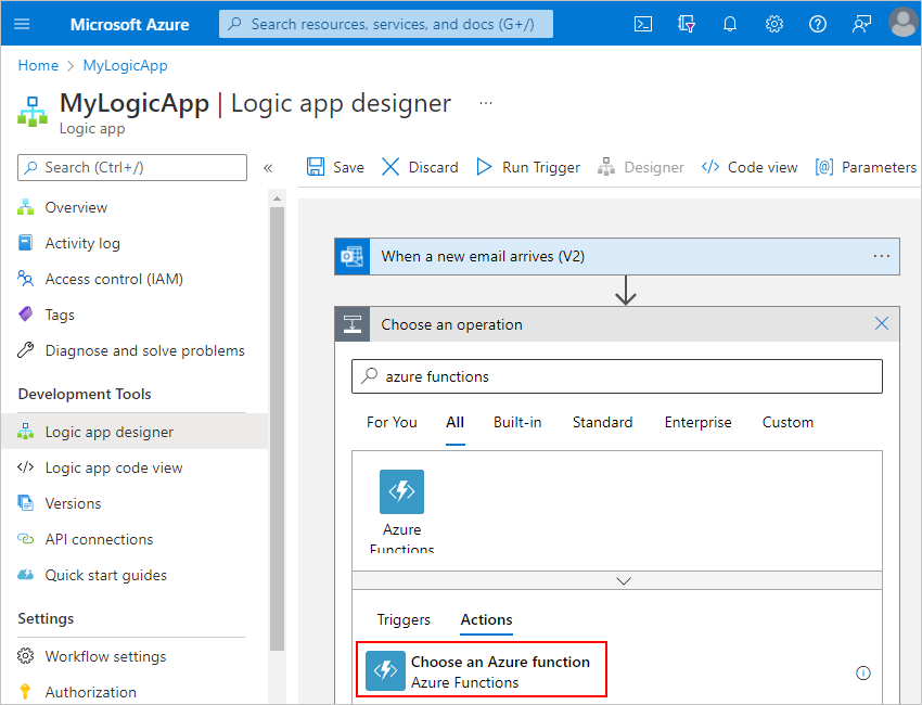 Screenshot showing Azure portal for Consumption logic app workflow and designer with the search box to find Azure functions.