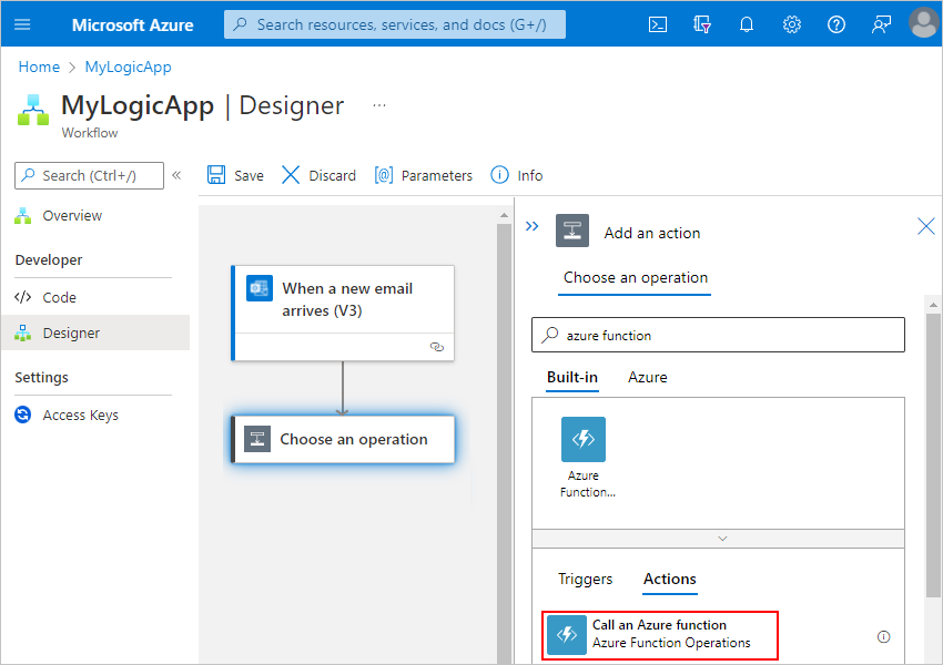 Screenshot showing the Azure portal for Standard logic app workflow and the designer with the search box to find Azure functions.