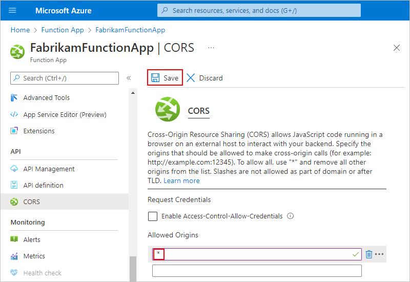Screenshot showing the Azure portal, the "CORS" pane, and the wildcard character "*" entered under "Allowed Origins".