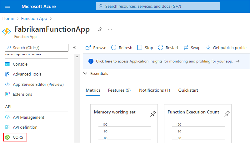 Screenshot showing the Azure portal, the function app resource menu with the "CORS" option selected.