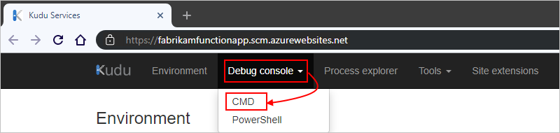 Screenshot showing Kudu Services page with "Debug Console" menu opened, and "CMD" option selected.