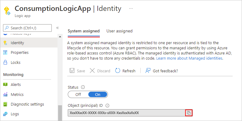 Screenshot showing the Consumption logic app "Identity" pane with the "System assigned" tab selected.