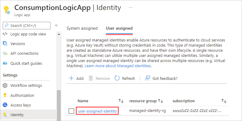 Screenshot showing the Consumption logic app "Identity" pane with the "User assigned" tab selected.