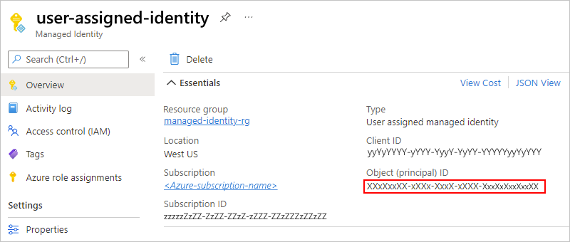 Screenshot showing the user-assigned managed identity's "Overview" pane with the object ID selected.