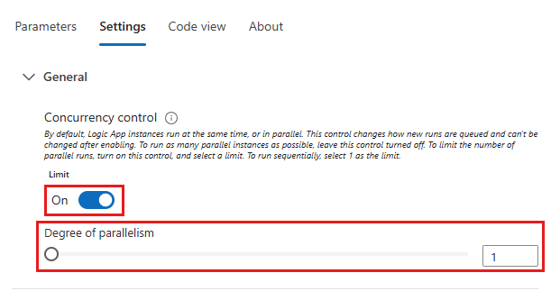 Screenshot shows the For each action, Settings tab, and the Concurrency control setting turned on with the degree of parallelism slider set to 1.