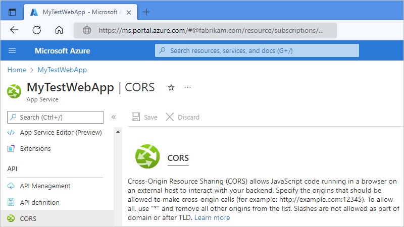 Screenshot shows web app's "CORS" pane with "Allowed origins" set to "*", which allows all.