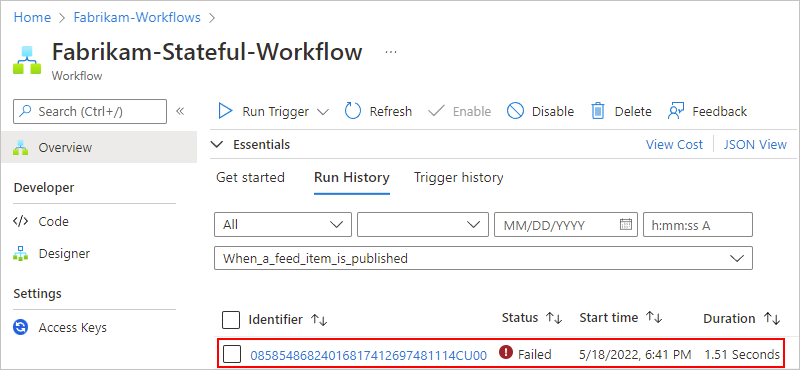 Screenshot showing Azure portal with Standard logic app workflow runs and a failed run selected.