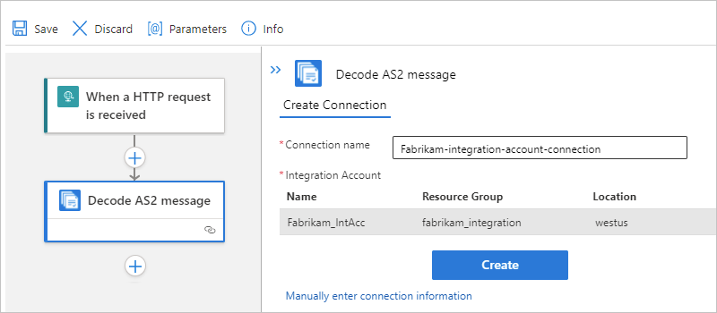 Screenshot showing the "Decode AS2 message" connection pane.