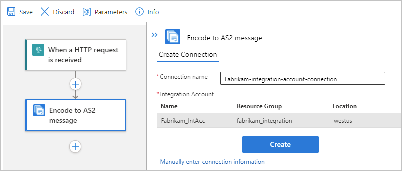 Screenshot showing the "Encode to AS2 message" connection pane.