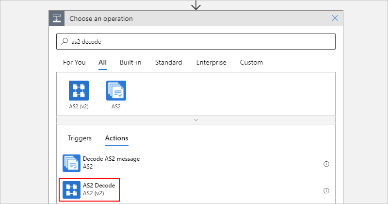 Screenshot showing the Azure portal, workflow designer, and "AS2 Decode" operation selected.