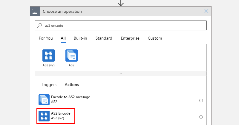 Screenshot showing the Azure portal, workflow designer, and "AS2 Encode" action selected.