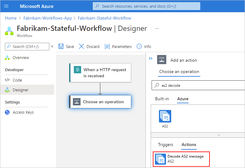 Screenshot showing the Azure portal, workflow designer, and "Decode AS2 message" operation selected.