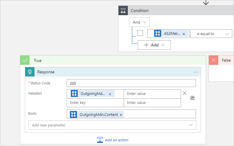 Screenshot showing multi-tenant designer and resolved expression to access AS2 MDN.