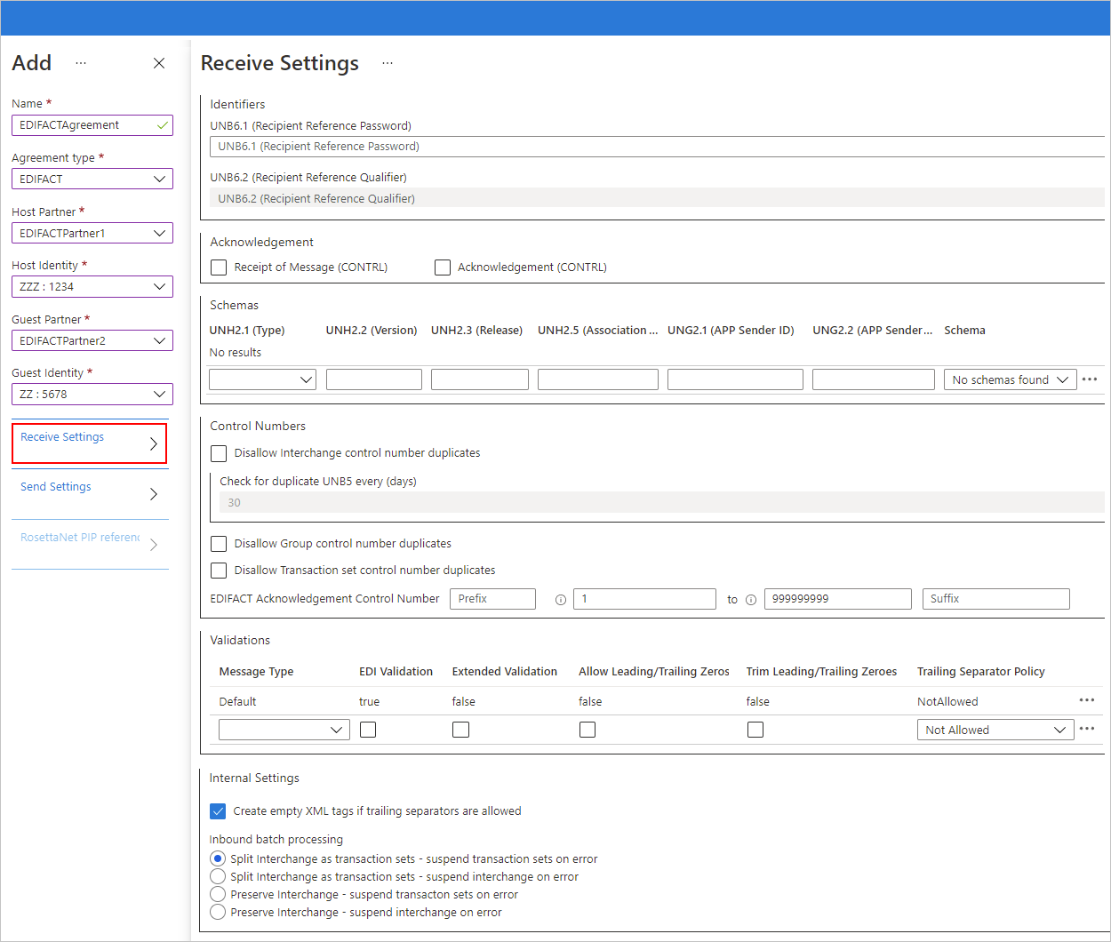 Screenshot showing Azure portal and EDIFACT agreement settings for inbound messages.