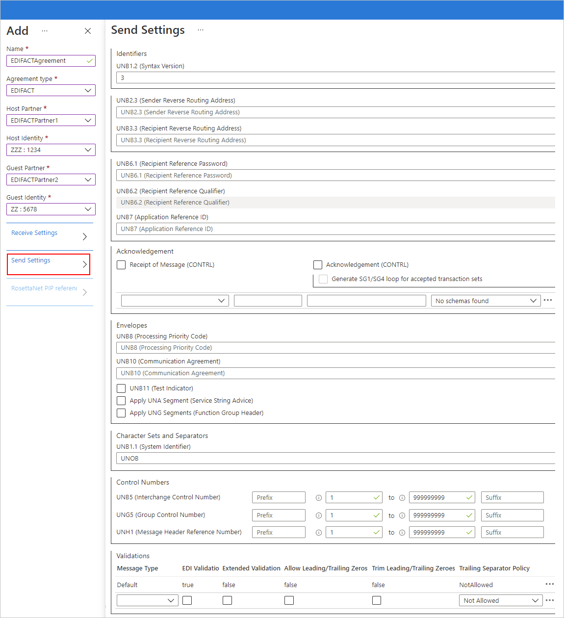 Screenshot showing Azure portal and EDIFACT agreement settings for outbound messages.