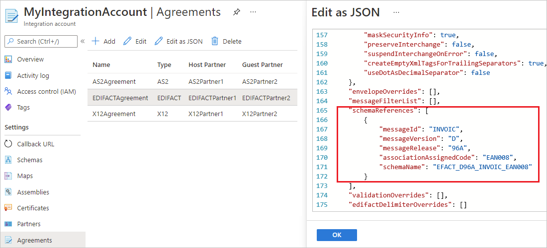 Screenshot showing the Azure portal with an EDIFACT agreement's "receiveAgreement" section in the JSON editor, and the "schemaReferences" section is highlighted.