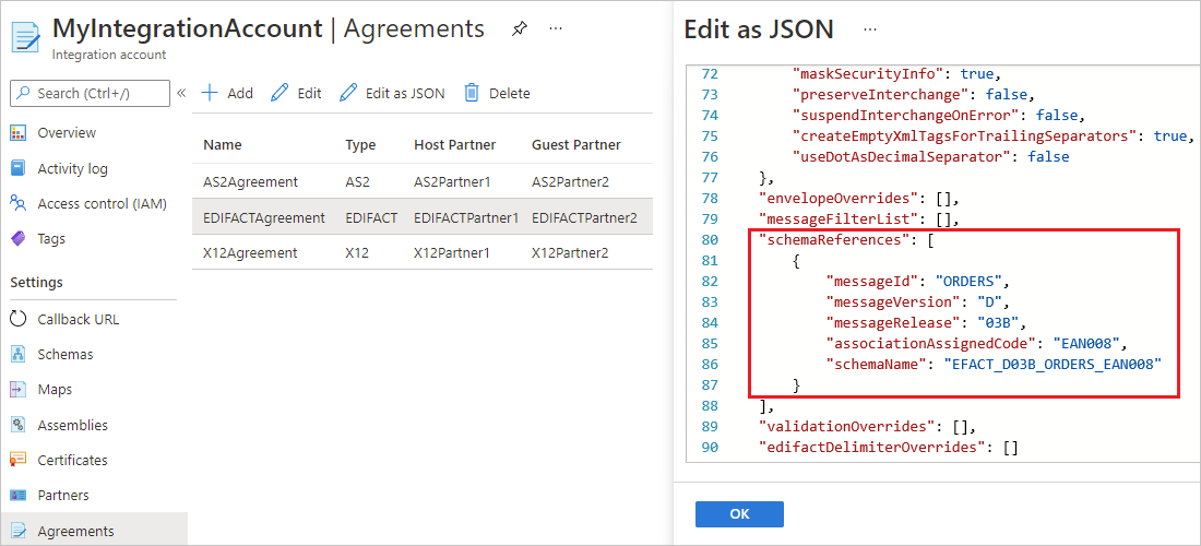 Screenshot showing the Azure portal with an EDIFACT agreement's "sendAgreement" section in the JSON editor, and the "schemaReferences" section is highlighted.