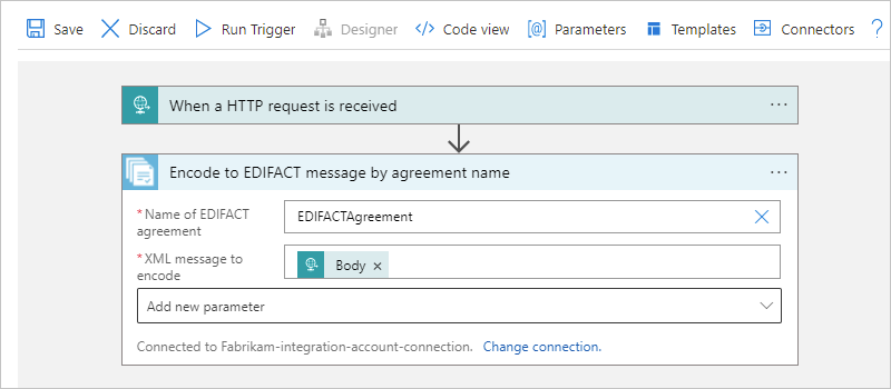 Screenshot showing the "Encode to EDIFACT message by agreement name" operation with the message encoding properties.