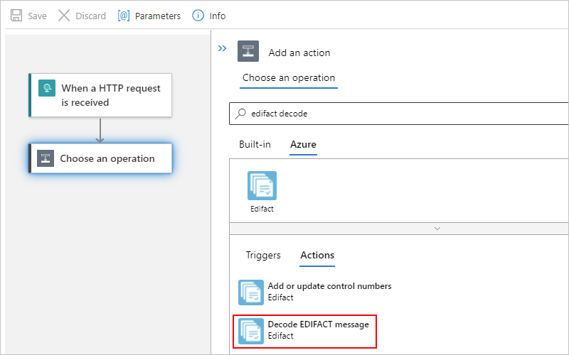 Screenshot showing the Azure portal, workflow designer, and "Decode EDIFACT message" operation selected.