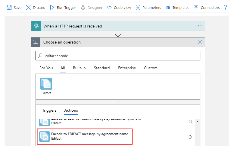 Screenshot showing the Azure portal, workflow designer, and "Encode to EDIFACT message by agreement name" action selected.