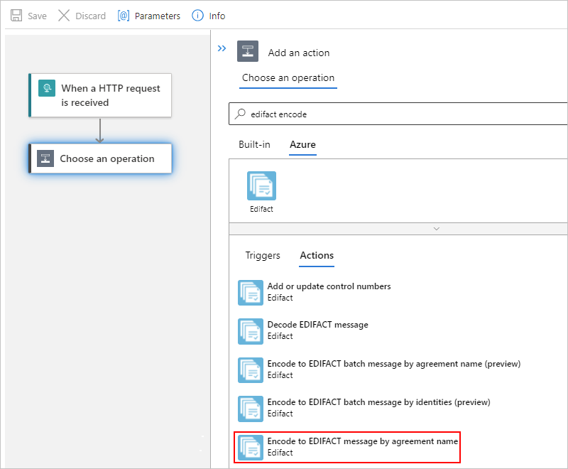 Screenshot showing the Azure portal, workflow designer, and "Encode to EDIFACT message by agreement name" operation selected.
